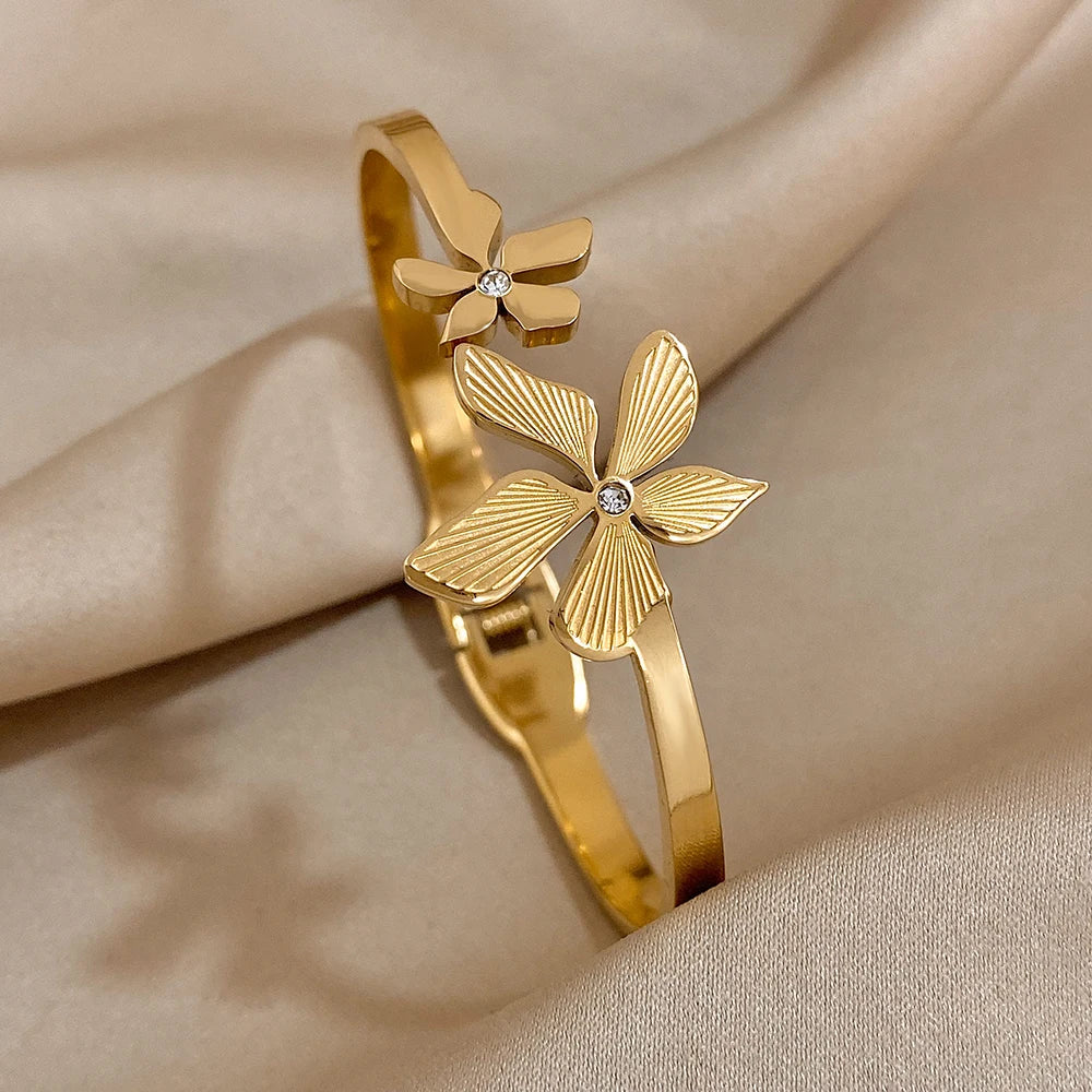 Greatera Stainless Steel Double Flower Cuff Bracelet Bangle for Women Gold Color Metal Floral Bracelets Waterproof Party Jewelry