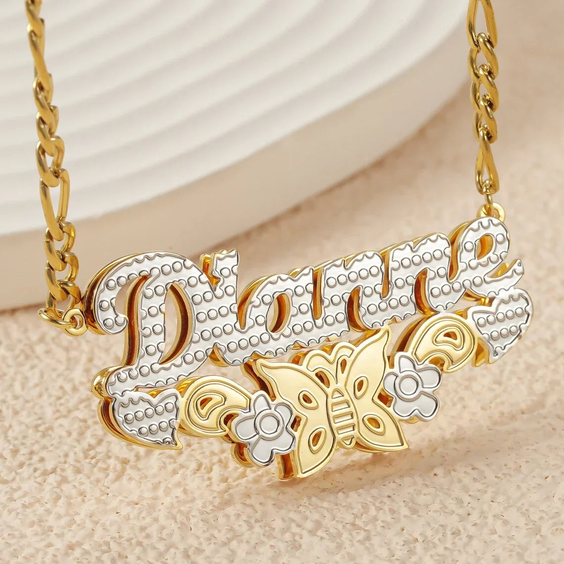 DHQH Customized Necklace Two tone Gold Plated Stainless Steel Pendant Personalized Double Plate Name Necklace Women's Jewelry