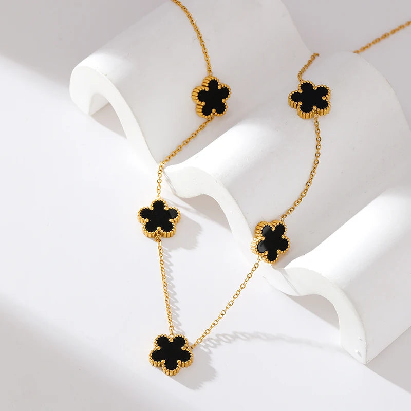 GANEMLY 316L Stainless Steel White 5 Flowers Necklace For Women Trendy Five Leaf Clover Neck Chain 18K Gold Plated Jewelry Gift