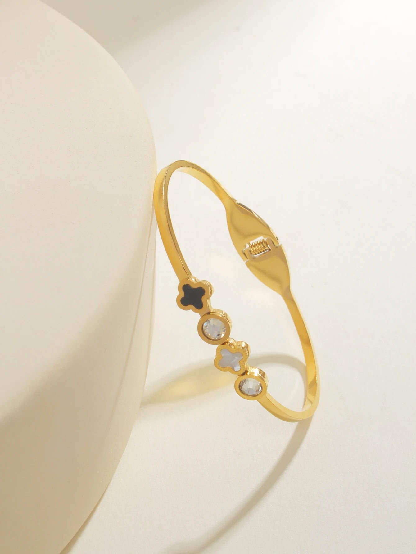 Dainty Clover Bangle Bracelet Stainless Steel Gold Plated With Crystal Accents For Women Daily Wear