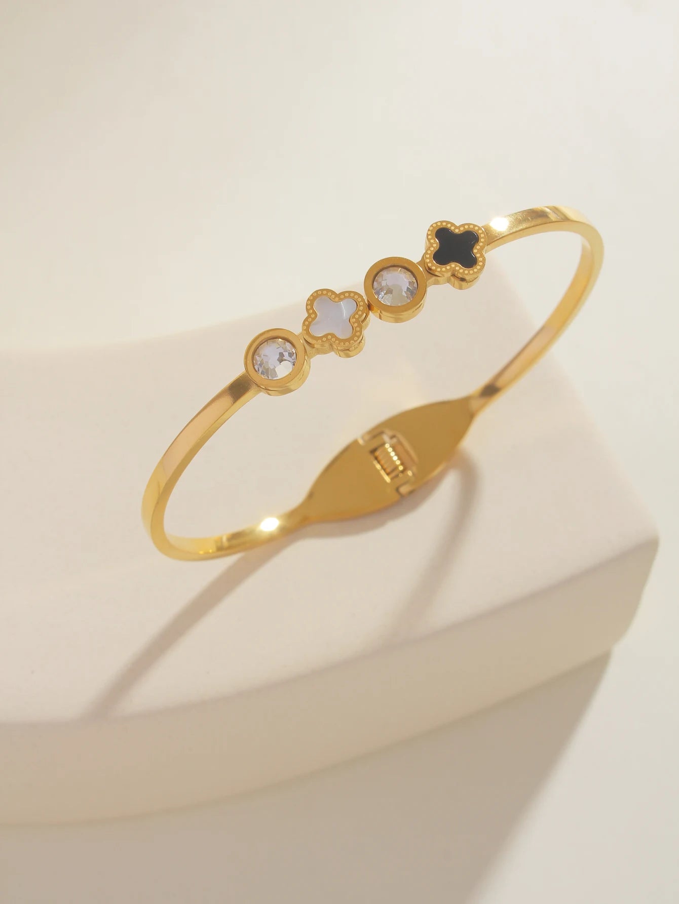 Dainty Clover Bangle Bracelet Stainless Steel Gold Plated With Crystal Accents For Women Daily Wear