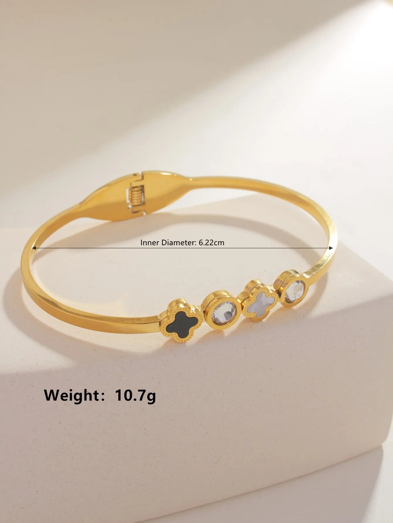 Dainty Clover Bangle Bracelet Stainless Steel Gold Plated With Crystal Accents For Women Daily Wear