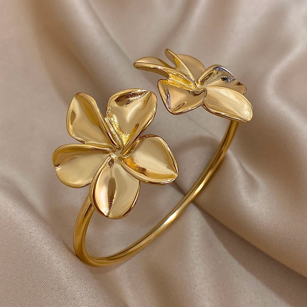 Greatera Stainless Steel Double Flower Cuff Bracelet Bangle for Women Gold Color Metal Floral Bracelets Waterproof Party Jewelry