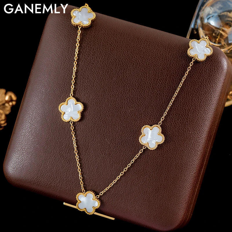 GANEMLY 316L Stainless Steel White 5 Flowers Necklace For Women Trendy Five Leaf Clover Neck Chain 18K Gold Plated Jewelry Gift