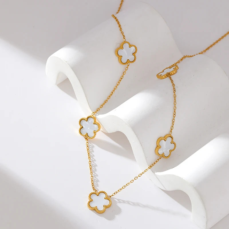 GANEMLY 316L Stainless Steel White 5 Flowers Necklace For Women Trendy Five Leaf Clover Neck Chain 18K Gold Plated Jewelry Gift