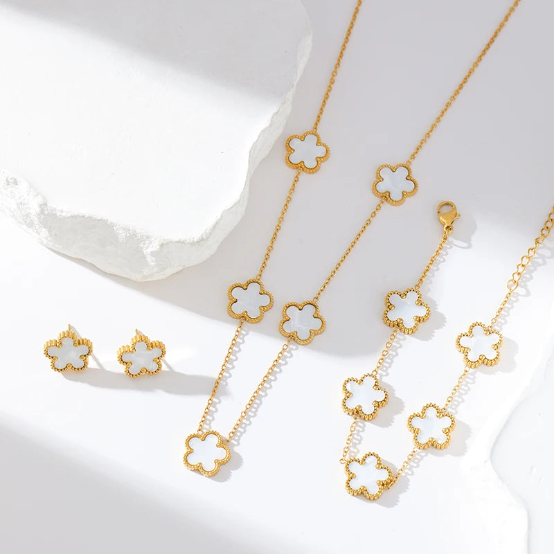 GANEMLY 316L Stainless Steel White 5 Flowers Necklace For Women Trendy Five Leaf Clover Neck Chain 18K Gold Plated Jewelry Gift