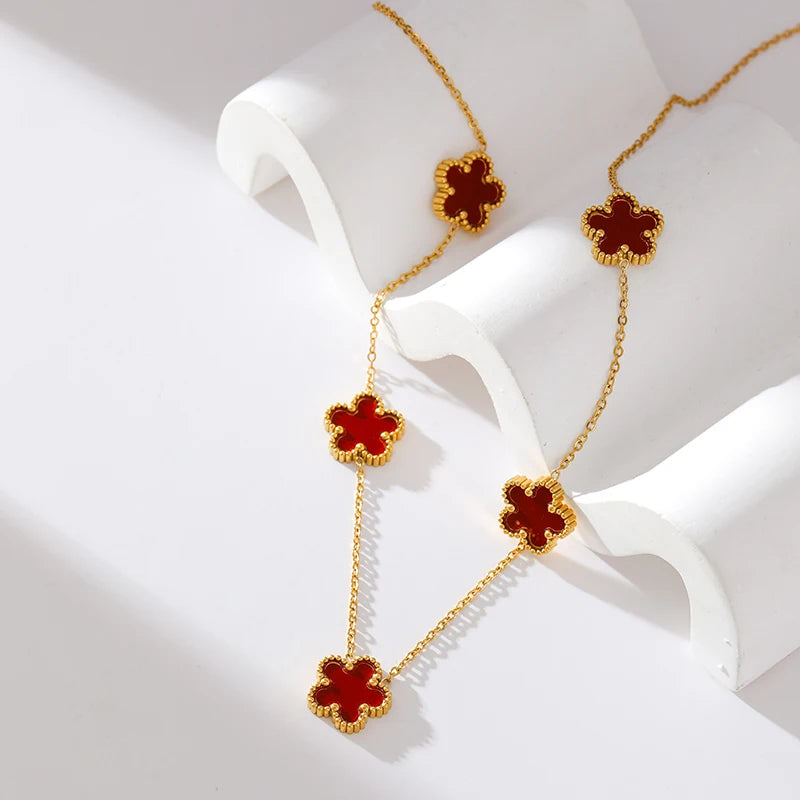 GANEMLY 316L Stainless Steel White 5 Flowers Necklace For Women Trendy Five Leaf Clover Neck Chain 18K Gold Plated Jewelry Gift