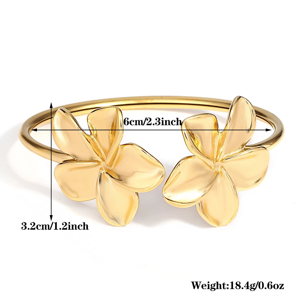 Greatera Stainless Steel Double Flower Cuff Bracelet Bangle for Women Gold Color Metal Floral Bracelets Waterproof Party Jewelry