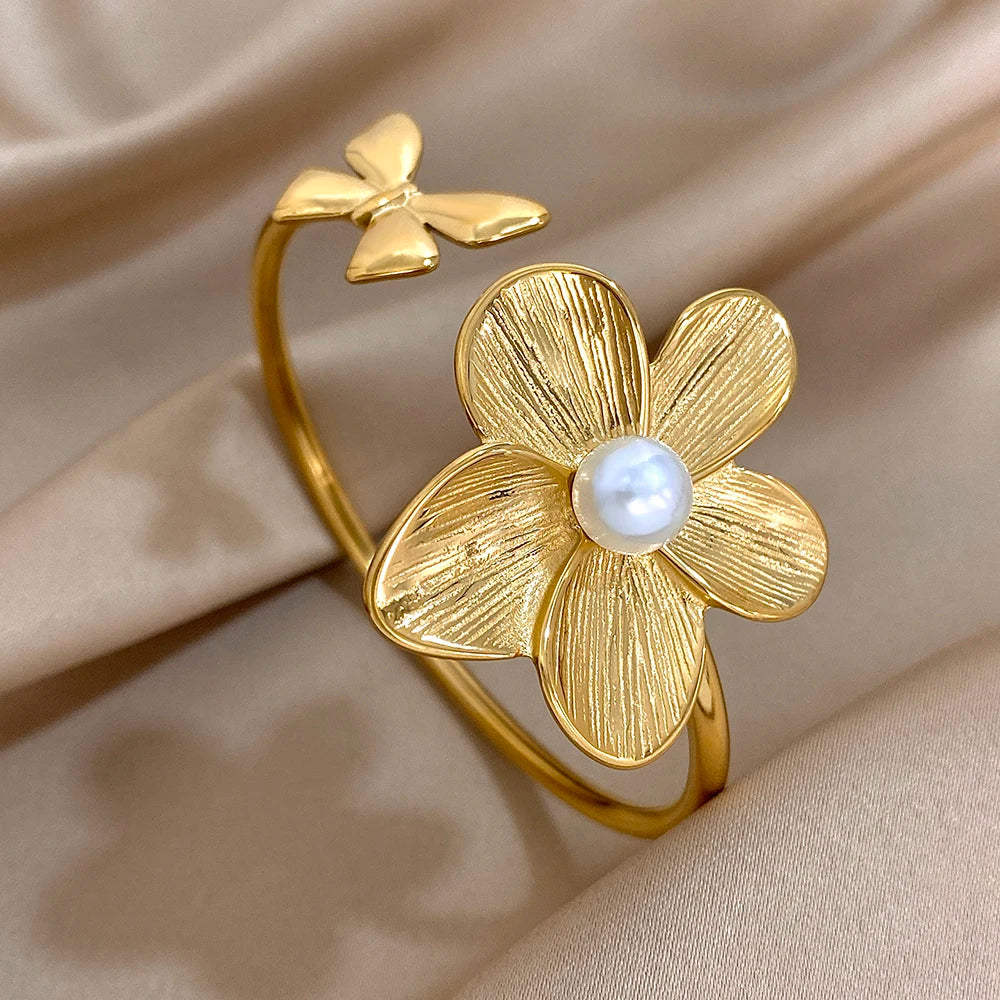 Greatera Stainless Steel Double Flower Cuff Bracelet Bangle for Women Gold Color Metal Floral Bracelets Waterproof Party Jewelry