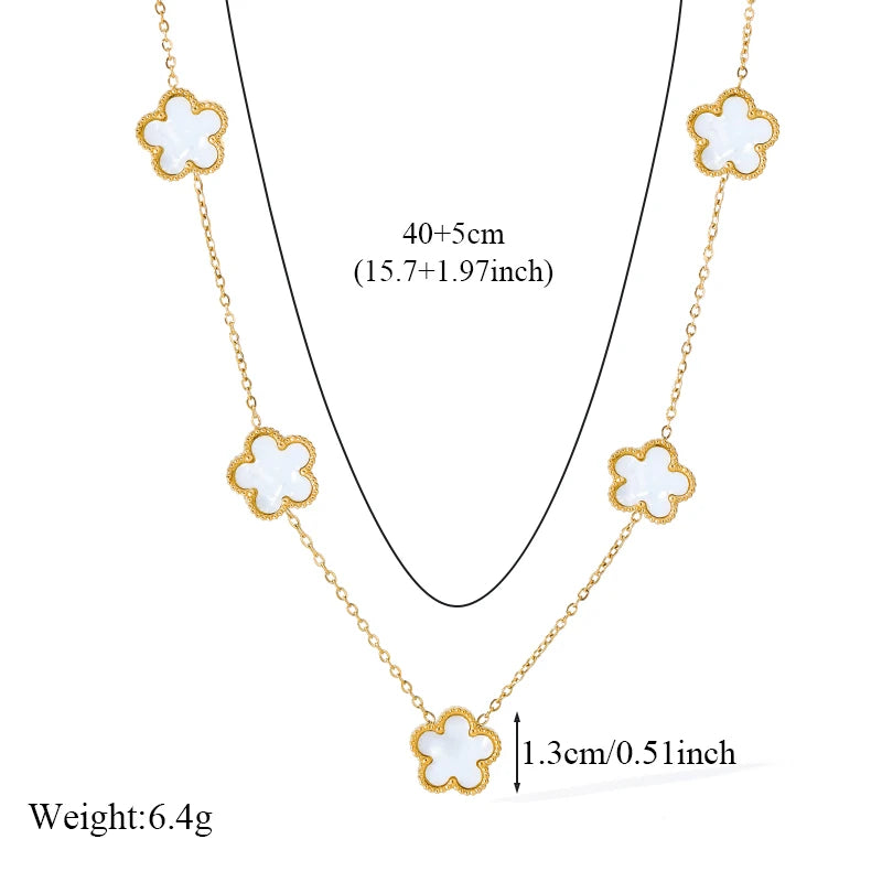 GANEMLY 316L Stainless Steel White 5 Flowers Necklace For Women Trendy Five Leaf Clover Neck Chain 18K Gold Plated Jewelry Gift