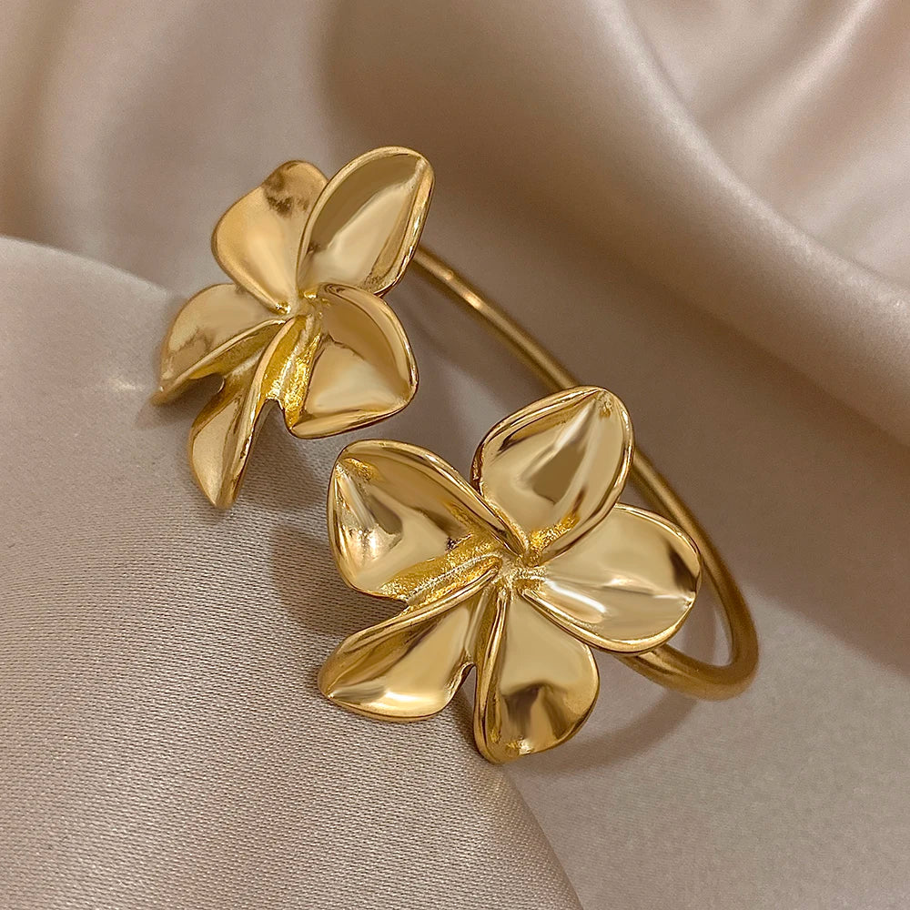 Greatera Stainless Steel Double Flower Cuff Bracelet Bangle for Women Gold Color Metal Floral Bracelets Waterproof Party Jewelry