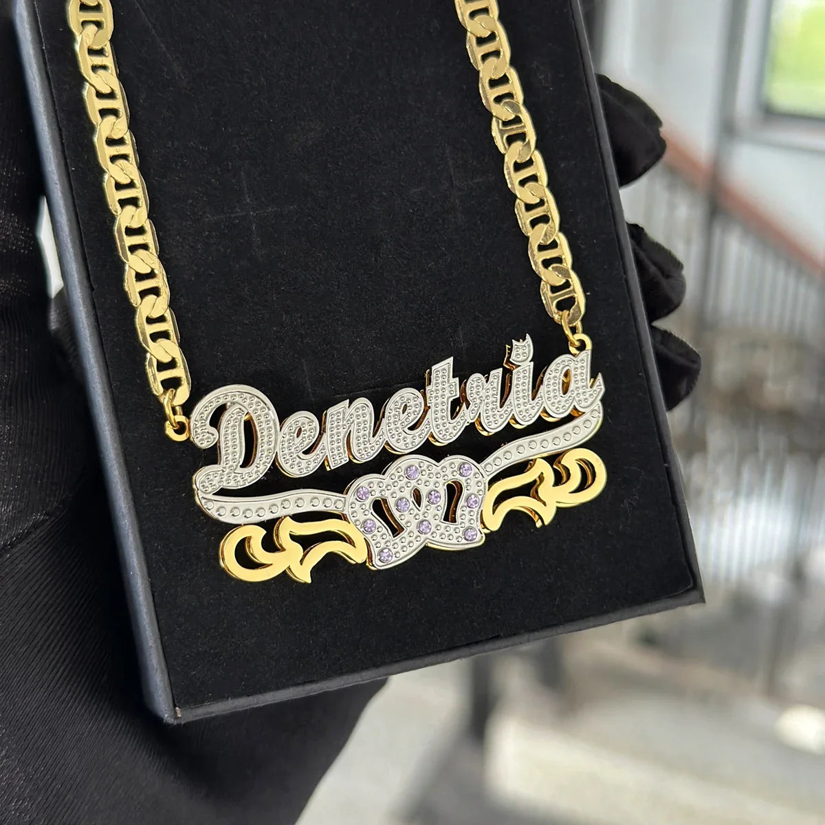 DHQH Customized Necklace Two tone Gold Plated Stainless Steel Pendant Personalized Double Plate Name Necklace Women's Jewelry