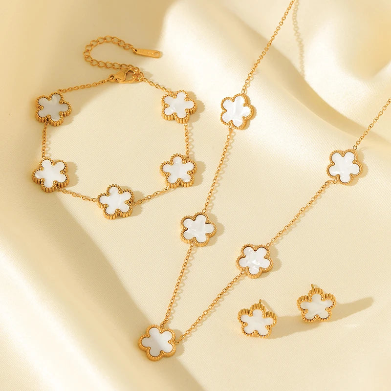 GANEMLY 316L Stainless Steel White 5 Flowers Necklace For Women Trendy Five Leaf Clover Neck Chain 18K Gold Plated Jewelry Gift