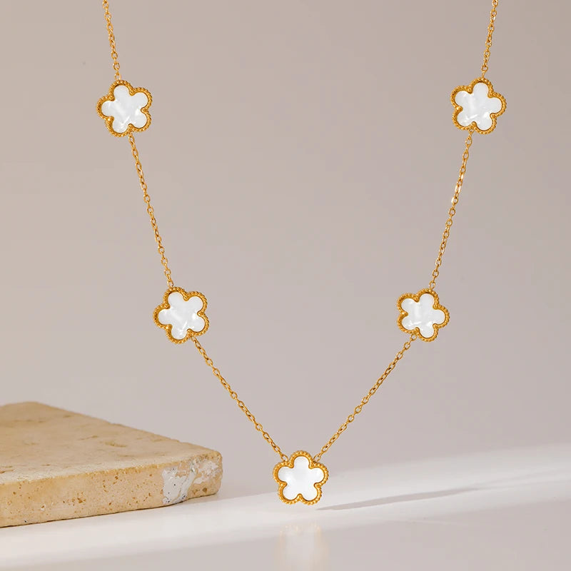 GANEMLY 316L Stainless Steel White 5 Flowers Necklace For Women Trendy Five Leaf Clover Neck Chain 18K Gold Plated Jewelry Gift