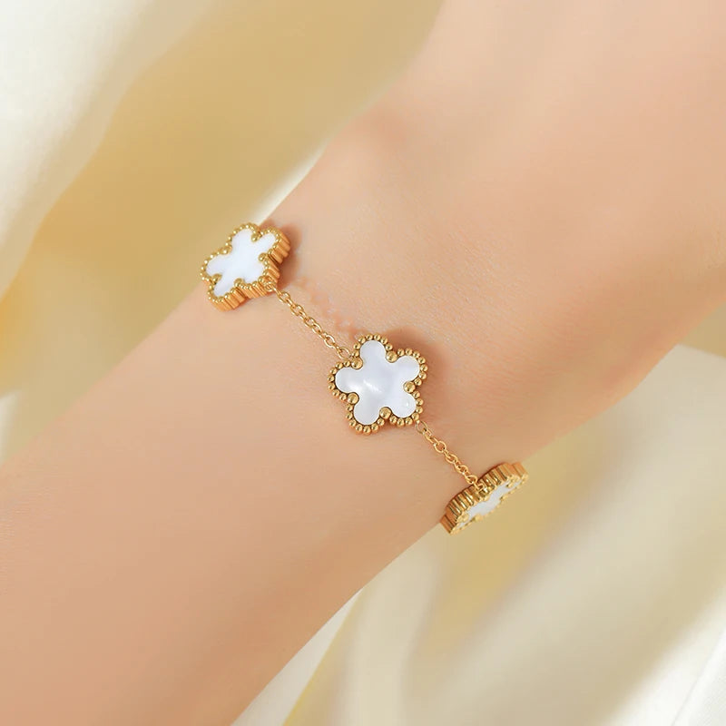 GANEMLY 316L Stainless Steel White 5 Flowers Necklace For Women Trendy Five Leaf Clover Neck Chain 18K Gold Plated Jewelry Gift