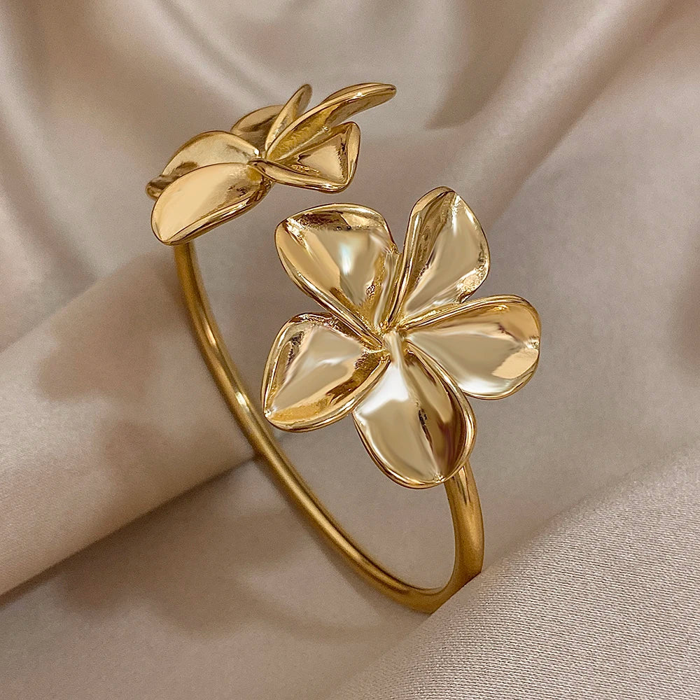 Greatera Stainless Steel Double Flower Cuff Bracelet Bangle for Women Gold Color Metal Floral Bracelets Waterproof Party Jewelry